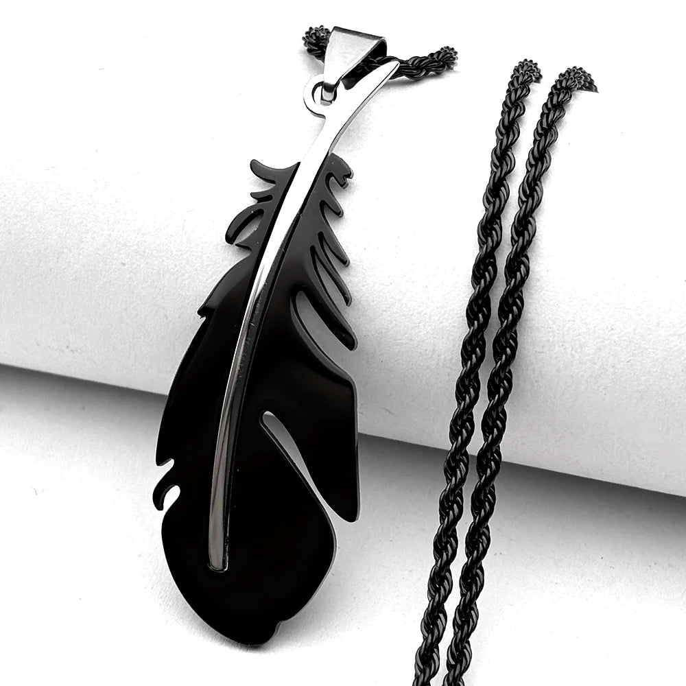 Feather Pendant Rope Chain Necklace Long — Stainless Steel