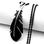 Feather Pendant Rope Chain Necklace Long — Stainless Steel