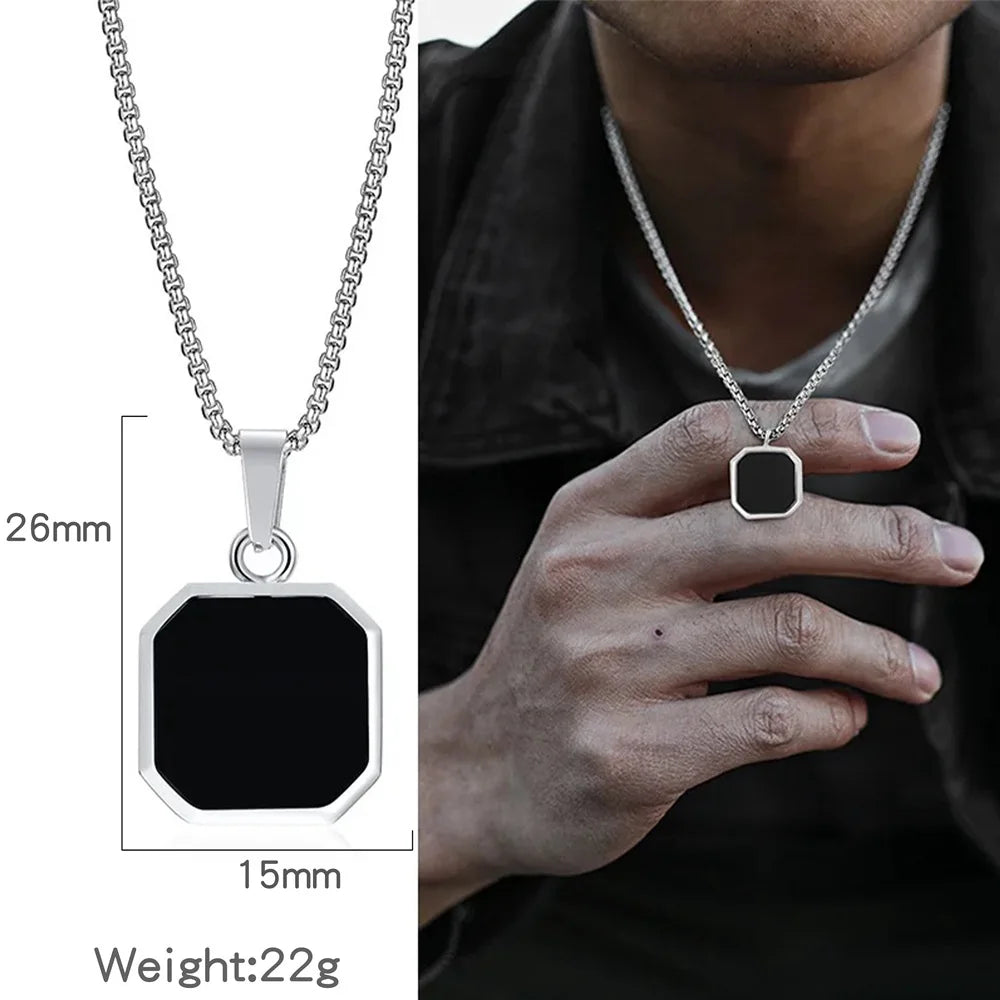 Simple Men Stainless Steel Pendant Necklace Retro Square Black Shell Figaro Chain Necklace Fashion Jewelry Trend Accessories