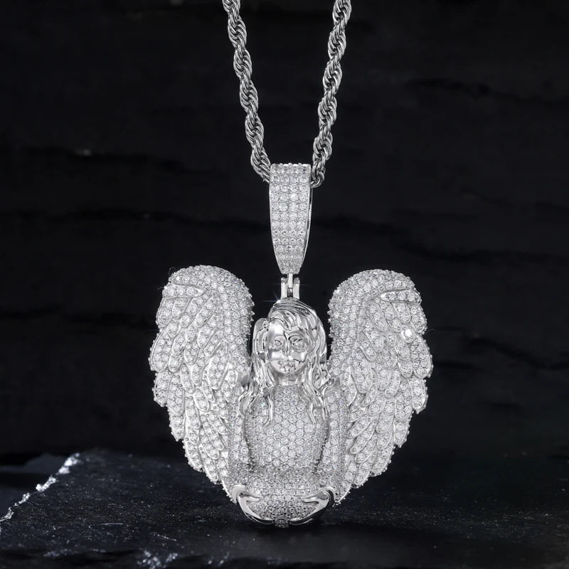TUHE Copper Angel Wing Pendant Necklace Full Iced Out Cubic Zirconia Hip Hop Jewelry For Men Women Party Gift