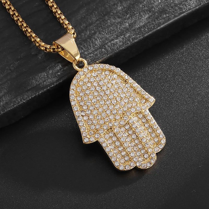 Hip Hop Bling Iced Out Stainless Steel Fatima Hand Pendants Necklace for Men Rapper Jewerly Gold Silver Color