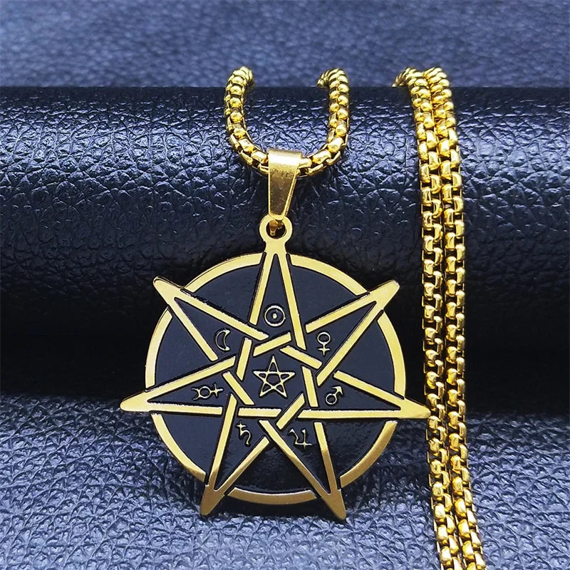 Seven-Pointed Star Heptagram Pendant Necklace — Steel