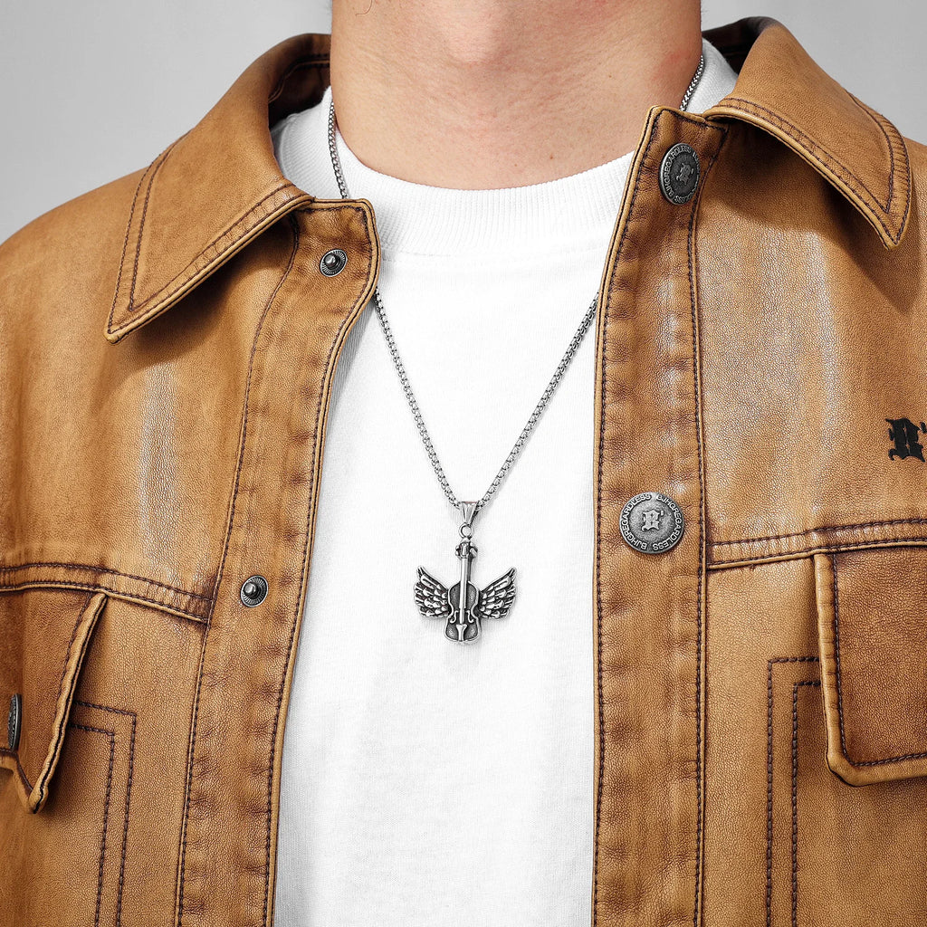 Angel Wings Violin Pendant Necklace Stainless Steel