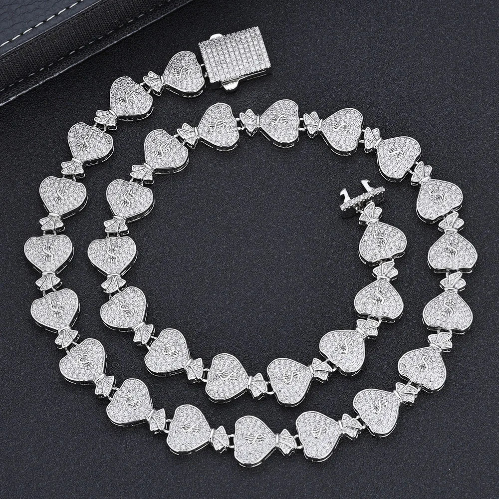 Iced Out Cuban Chain Necklace Money Bag CZ