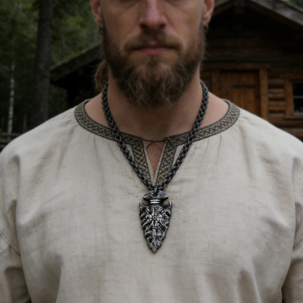 "Helm of Awe" and "Viking Vegvisir" Iron Color Viking spear Pendant Necklace with Stainless Steel Chain As Men Gift