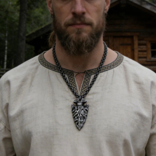 "Helm of Awe" and "Viking Vegvisir" Iron Color Viking spear Pendant Necklace with Stainless Steel Chain As Men Gift