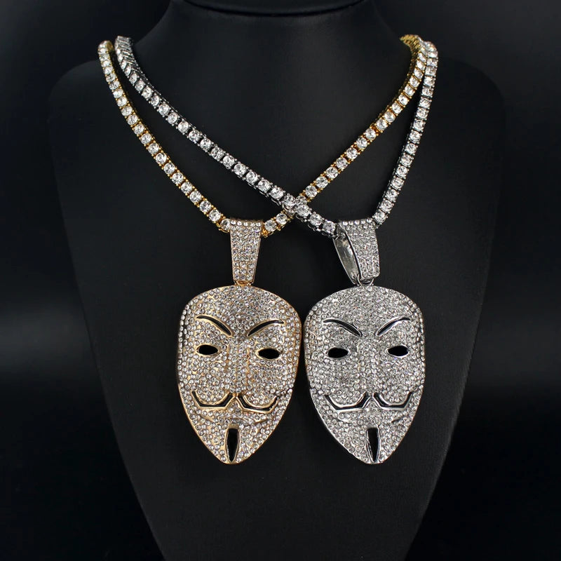 Men Women Hip Hop Large Rhinestone Mask Pendant Necklace With Twist Rope 4mm Tennis Chain HipHop Necklaces Fashion Jewelry Gift