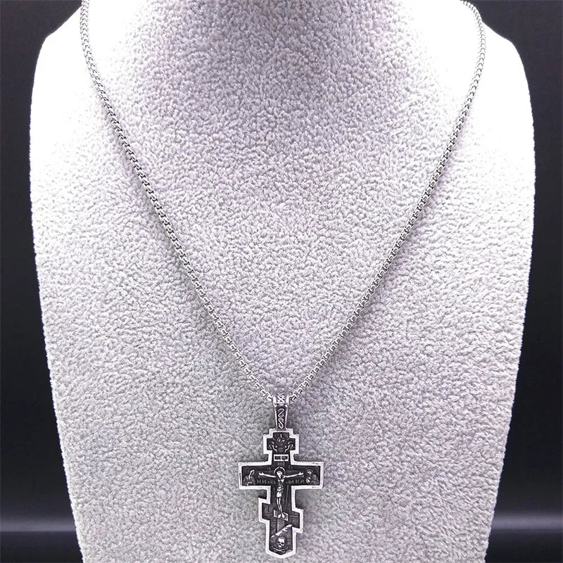 Orthodox Icon Cross Pendant Necklace — Stainless Steel