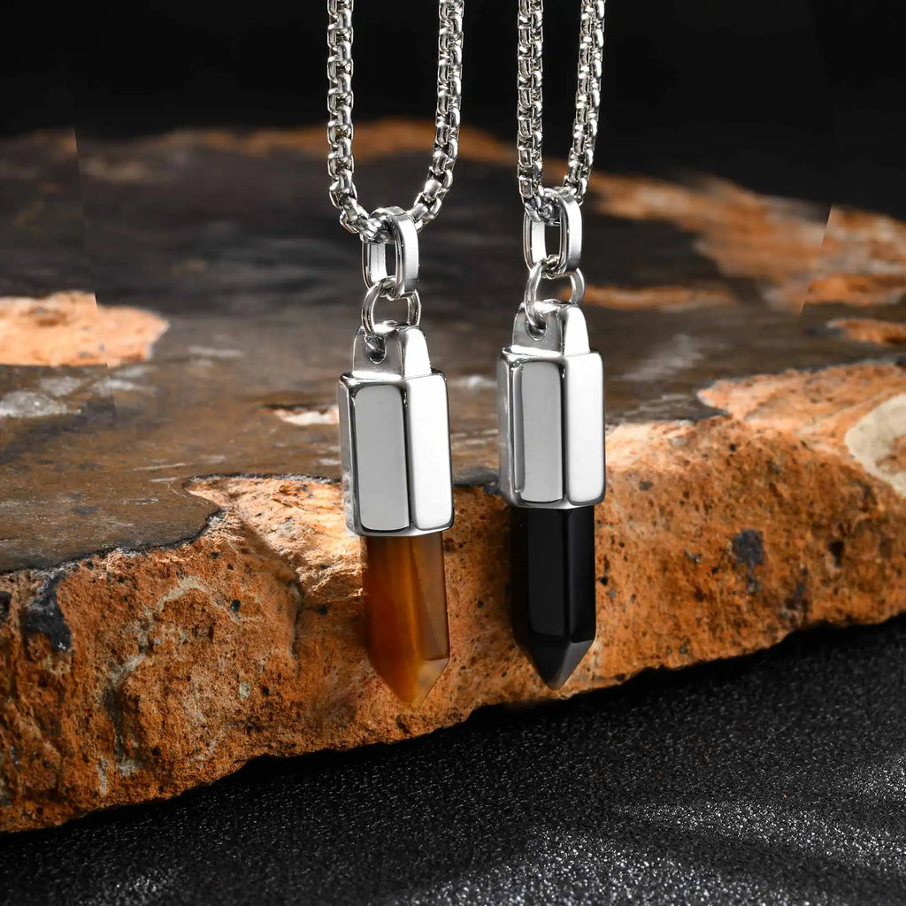 Black Agate Pendant Necklace — Stainless Steel