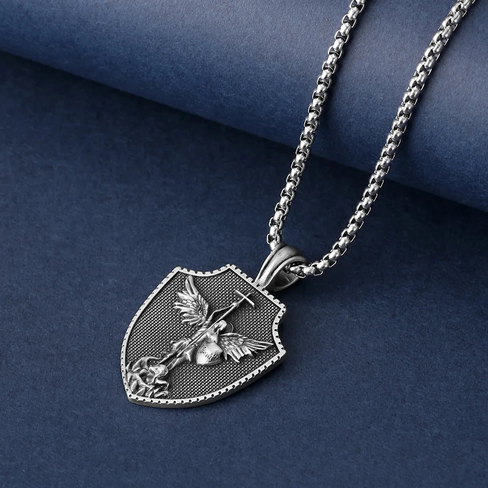 Stainless Steel Jesus Cross Charm Viking Necklace Men's Shield Dragon Slayer Amulet Pendant Saint Nicholas Juvenile
