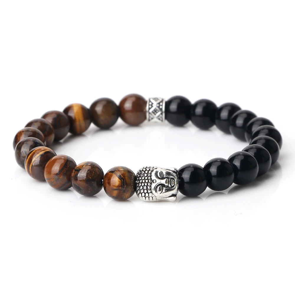 Tibetan Buddha Head Bracelets 8MM Natural Stone Tiger Eye Lava Beads Bangles For Women Men Fashion Couple Prayer