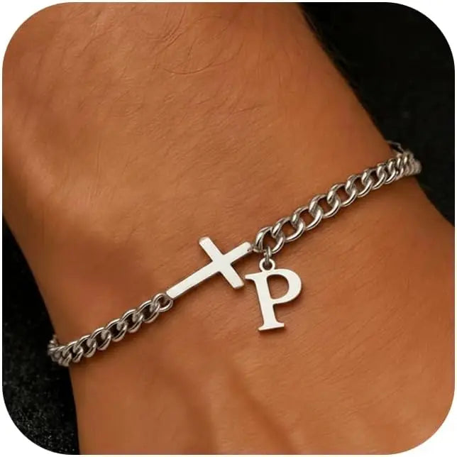 Men Cross Cuban Chain Bracelets for Men Initial A-Z Faith Cross Bracelets, Stainless Steel Initial Bracelet Religious