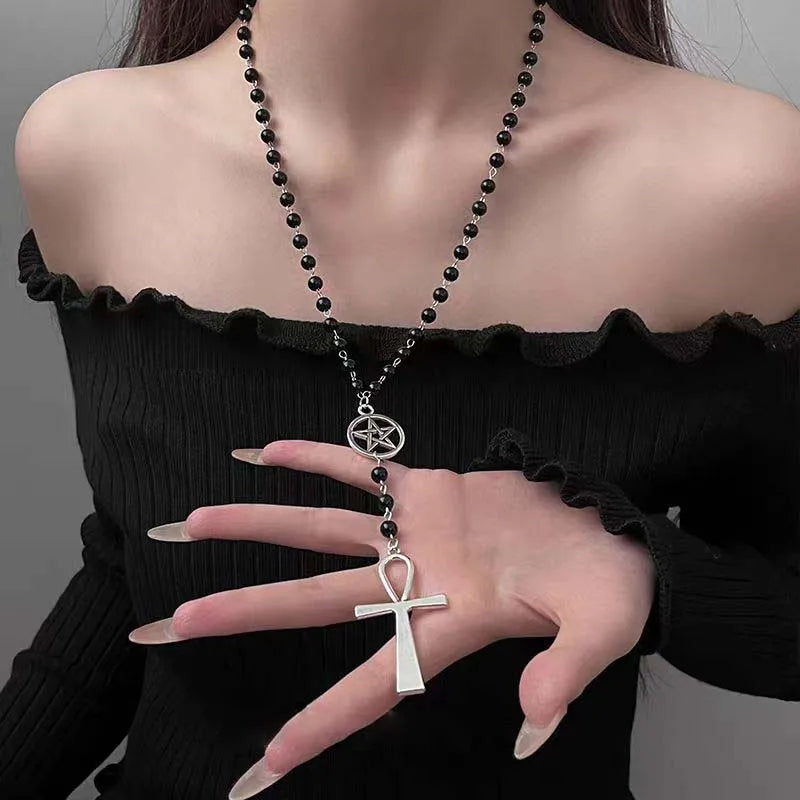 Y2K Spike Cross Black Pendant Necklace