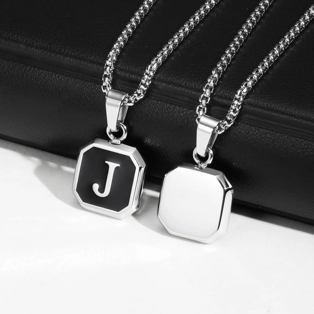 Initial Square Pendant Necklace — Stainless Steel