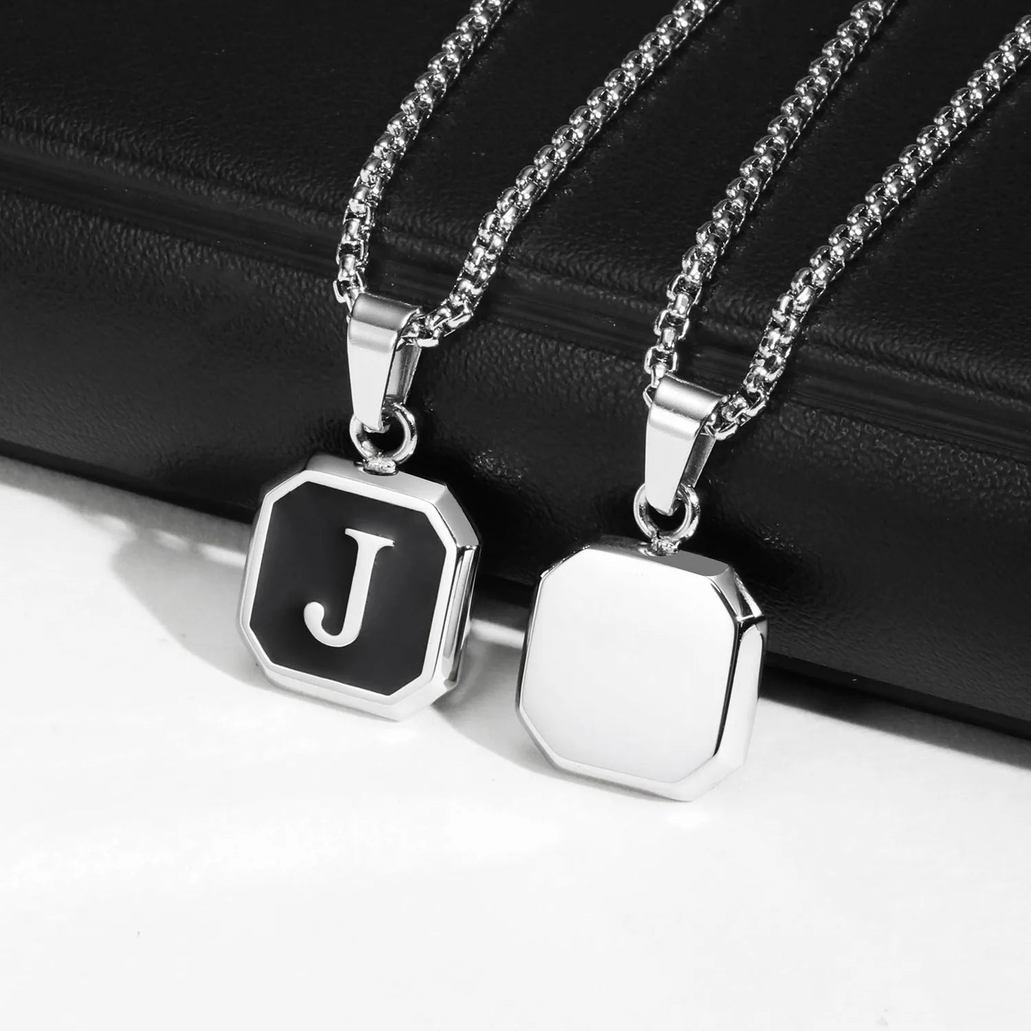 Initial Square Pendant Necklace — Stainless Steel