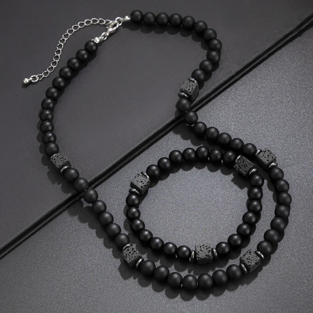 8mm Matte Black Stone Necklace for Men Jewelry Natural Onyx Square Lava Beads Necklaces Fashion Rosary Jewelry