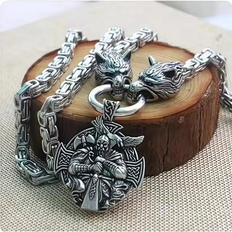 Wolf Head Snake Head Men's Stainless Steel Pendant King Chain Necklace, Nordic Viking Retro Scandinavian Amulet Jewelry