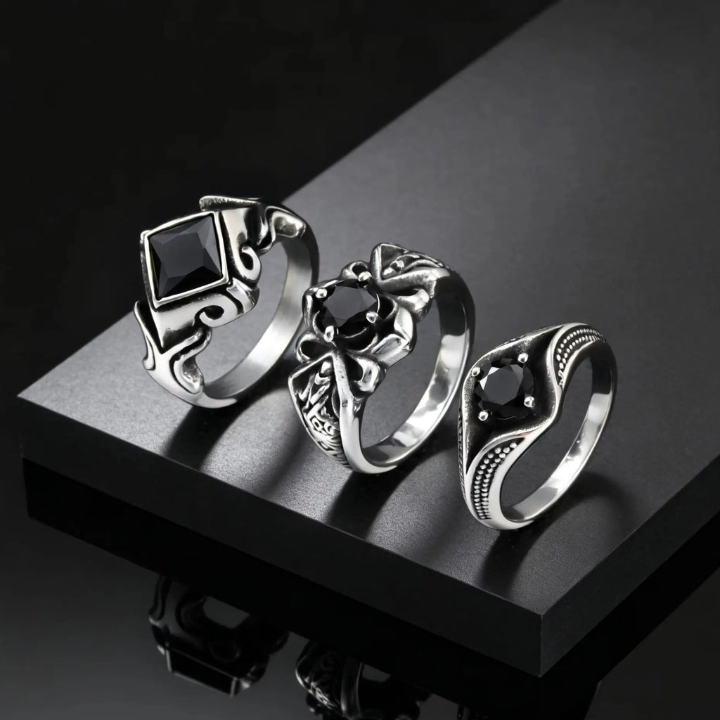 Men's Stylish Square Geometric Black Zircon Ring Stainless Steel Punk Waterproof Finger Jewelry Gift Party Daily Wear Size 7-11