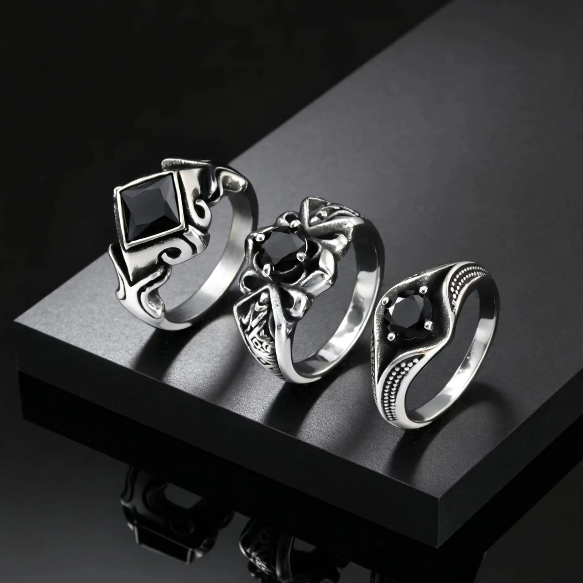 Men's Stylish Square Geometric Black Zircon Ring Stainless Steel Punk Waterproof Finger Jewelry Gift Party Daily Wear Size 7-11