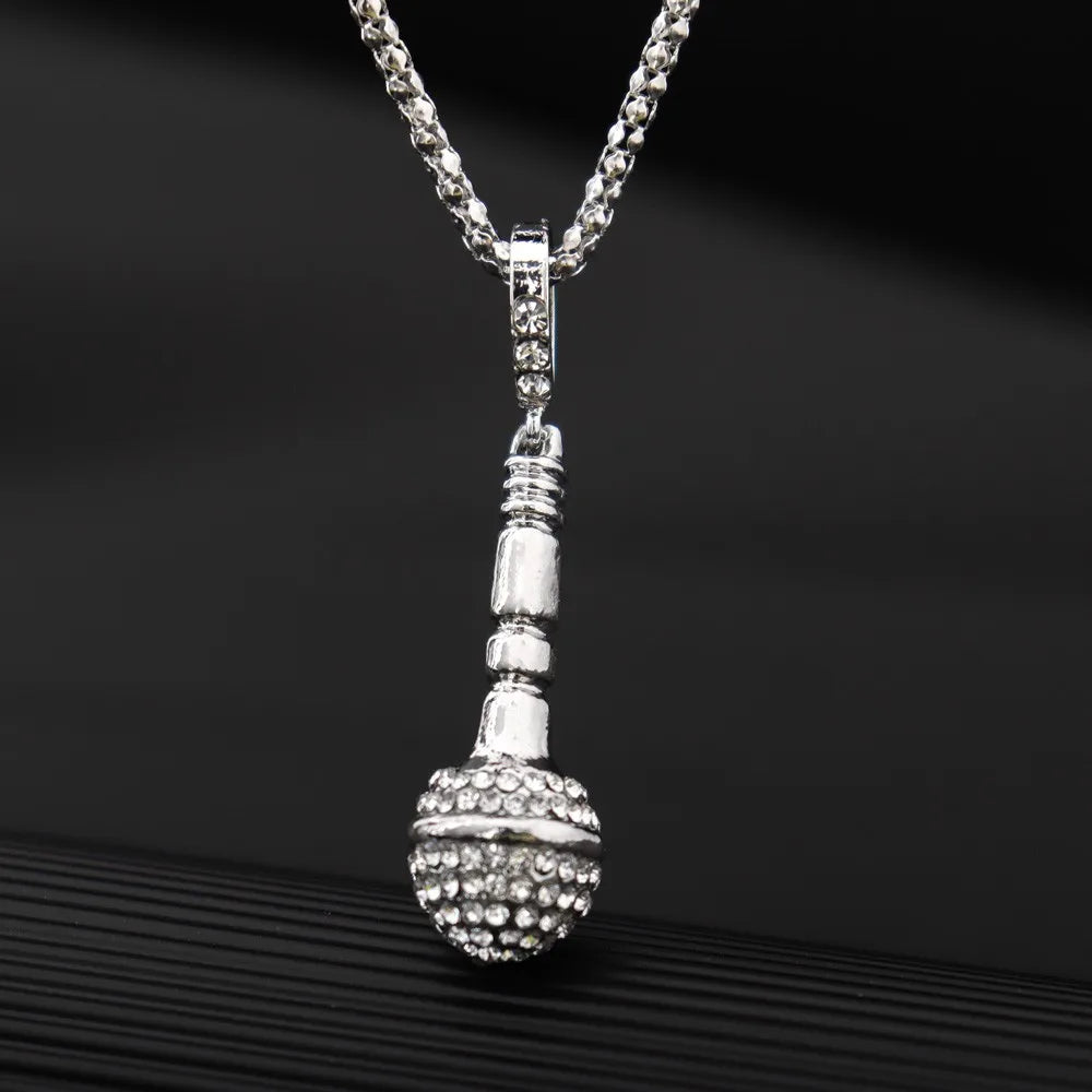 New Personality Gold-Plated Microphone Necklace Man Woman Hip Hop Rock-Encrusted Microphone Pendant Accessories Party