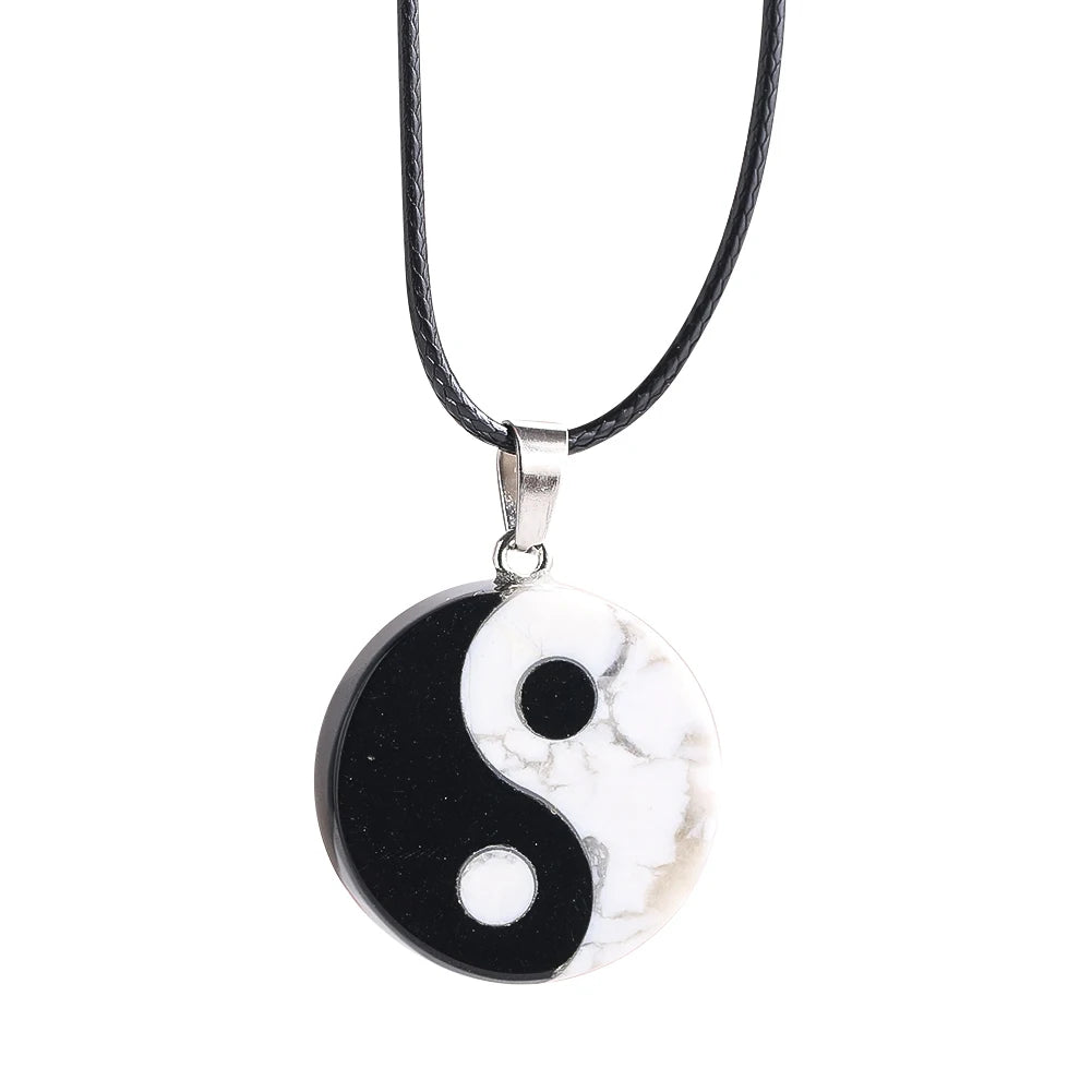 Black White Natural Obsidian Pendant Necklaces Taoism Charms Yin Yang Tai Chi Semi-precious Stone Round Bagua Jewelry