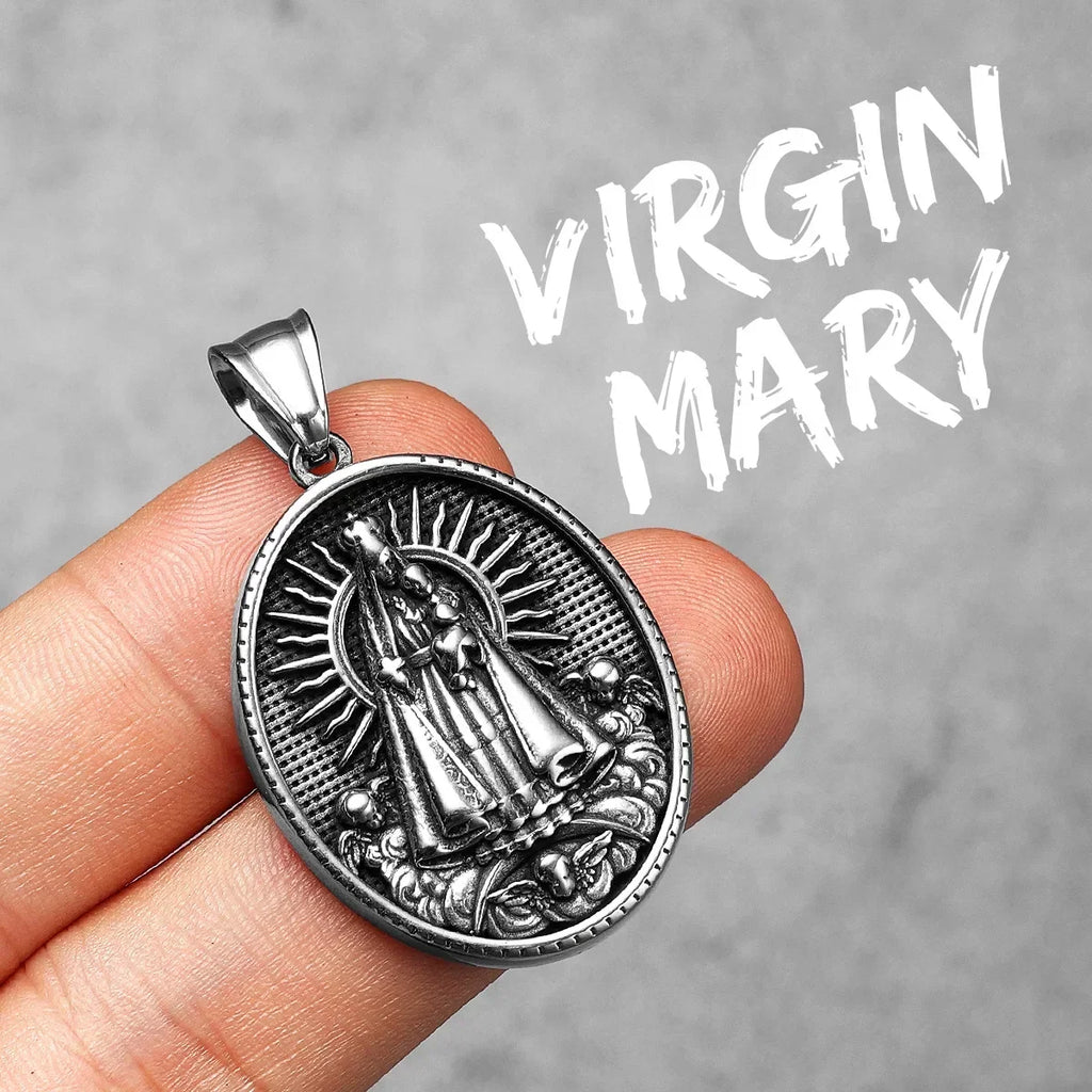 Virgin Mary Pendant Necklace Stainless Steel Vintage