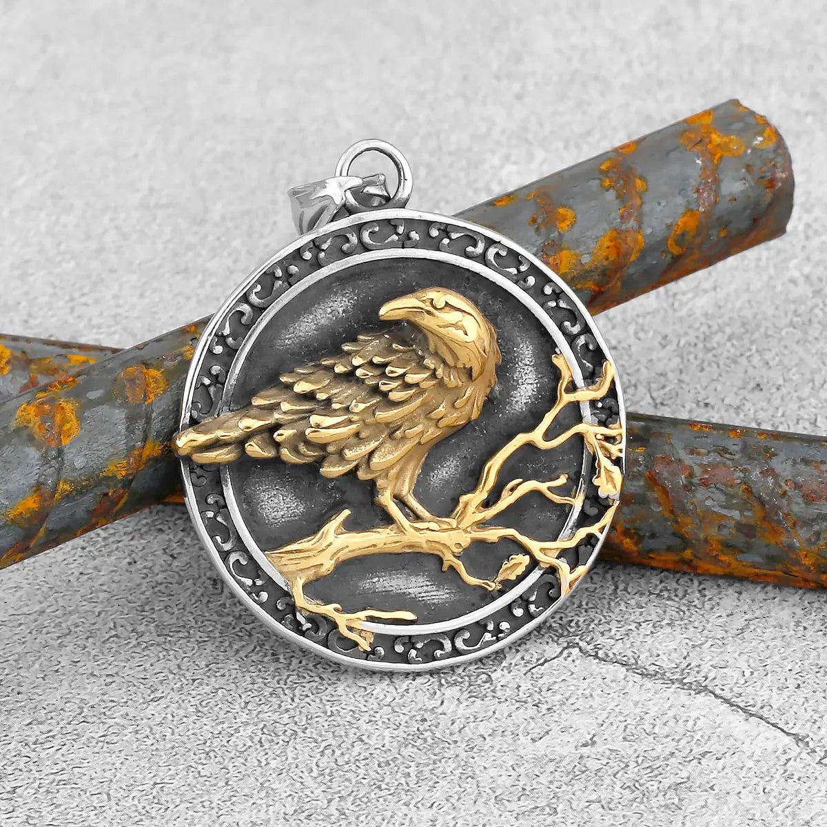 Nordic Odin Crow Skull Pendant Necklace Gothic Stainless Steel Raven Skull Compass Rune Necklace for Men Punk Jewelry