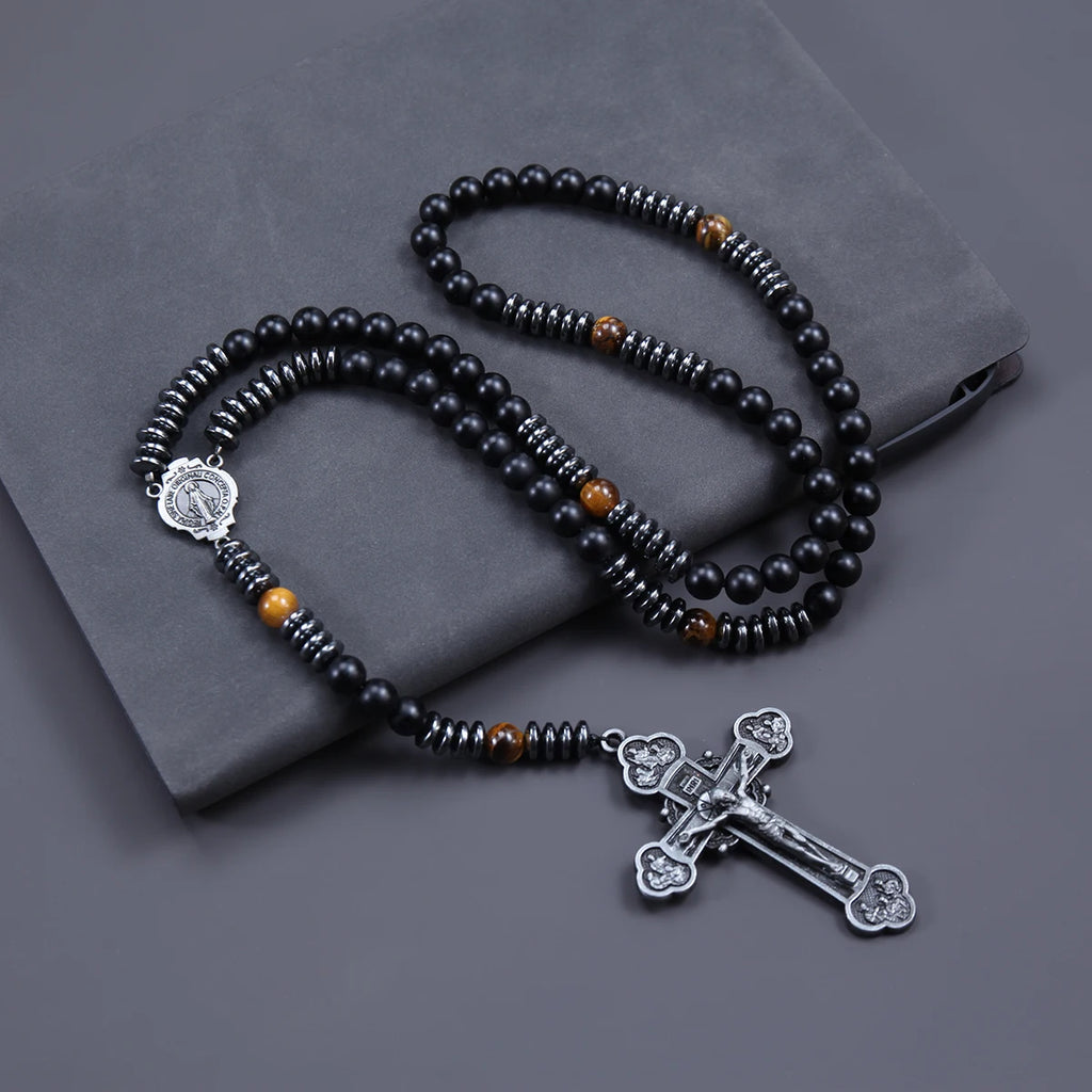Trendy 8mm Black Round Beads Tiger-eye Stone Saint Benedict Cross Pendant Necklace for Men