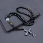 Trendy 8mm Black Round Beads Tiger-eye Stone Saint Benedict Cross Pendant Necklace for Men