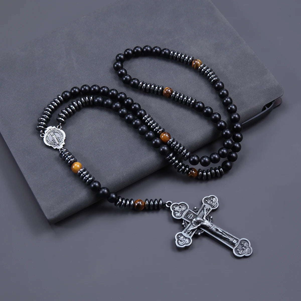 Trendy 8mm Black Round Beads Tiger-eye Stone Saint Benedict Cross Pendant Necklace for Men