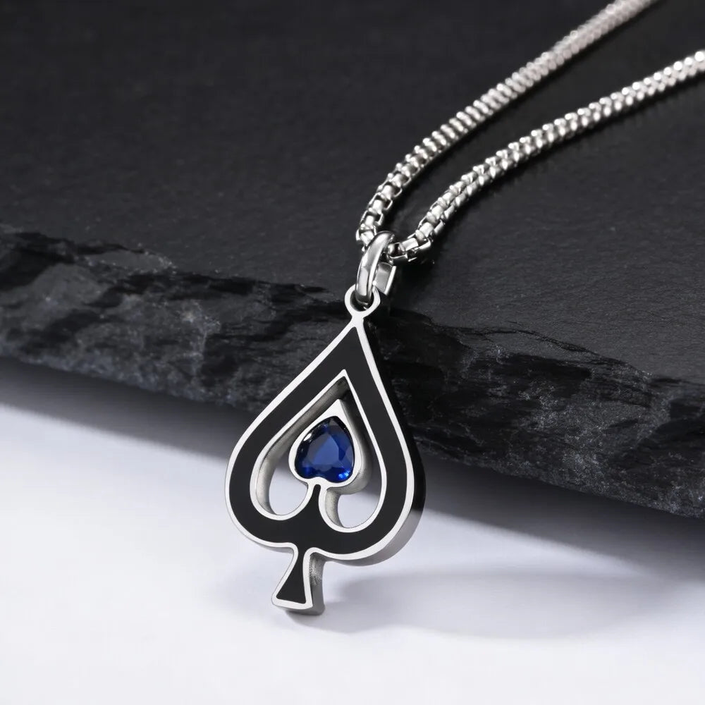 Ace of Spades Necklace for Men,Blue Stone Stainless Steel Spade A Pendant Necklace,Hip Hop Punk Rocker Jewelry Gift
