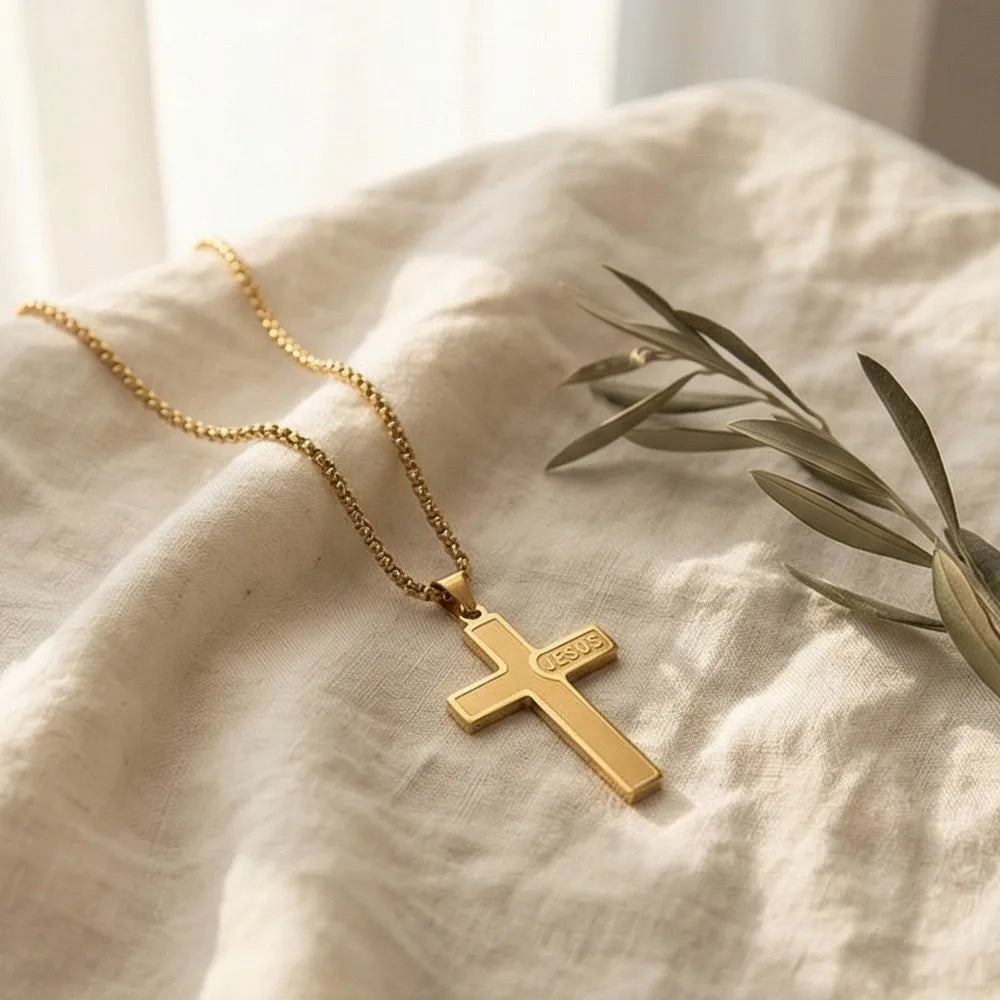 Gold Cross Jesus Pendant Necklace Titanium Steel