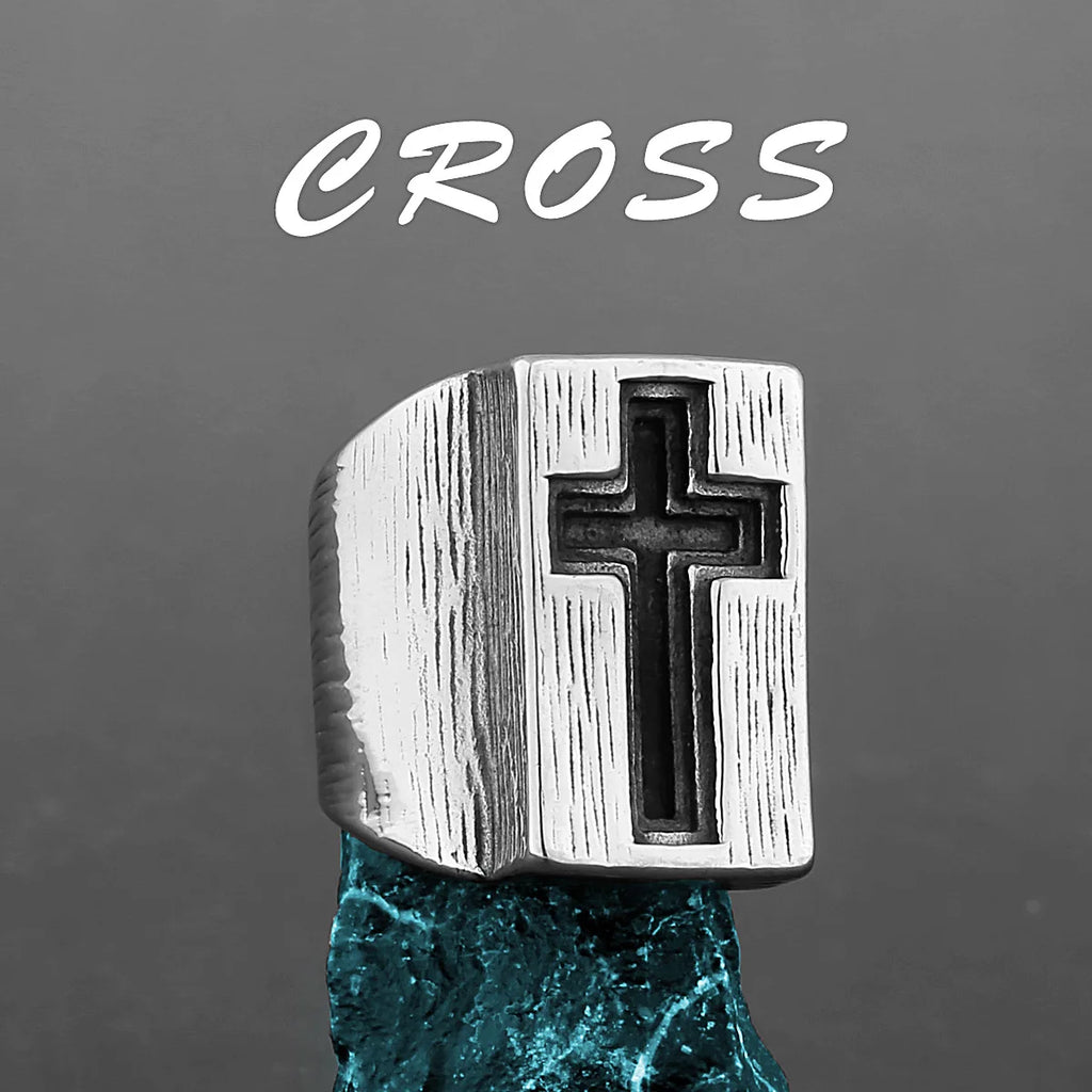 Brushed Engraved Cross Ring — Stainless Steel