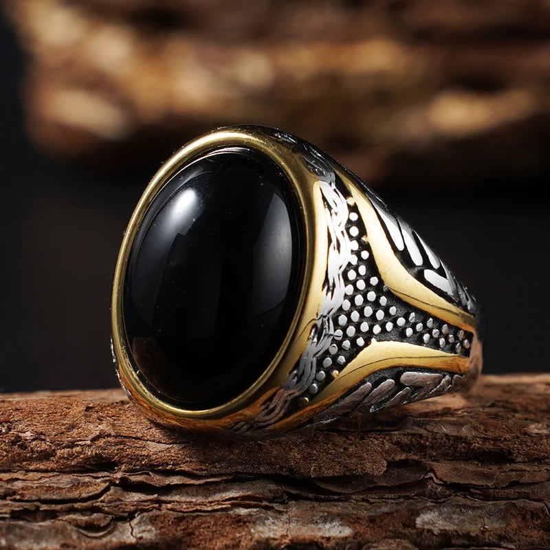 Natural Stone Series for Men Elliptical Ring with Real Tiger's Eye Stone 316L Stainless Steel Male Vintage Design Punk