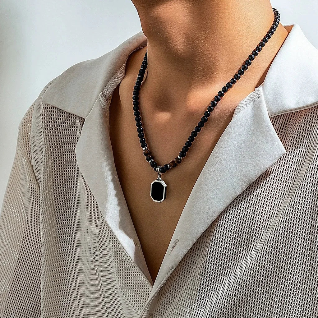 Black Beads with Square Pendant Necklace for Men Trendy Accessories on The Neck Collar 2025 Fashion Jewelry Male
