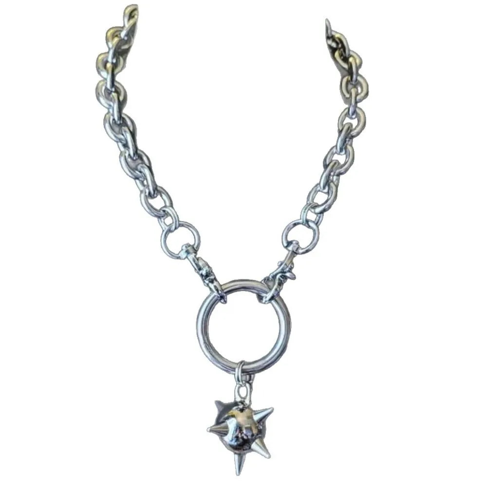 Gothic Spiked Mace Pendant Choker Necklace — Silver-Tone