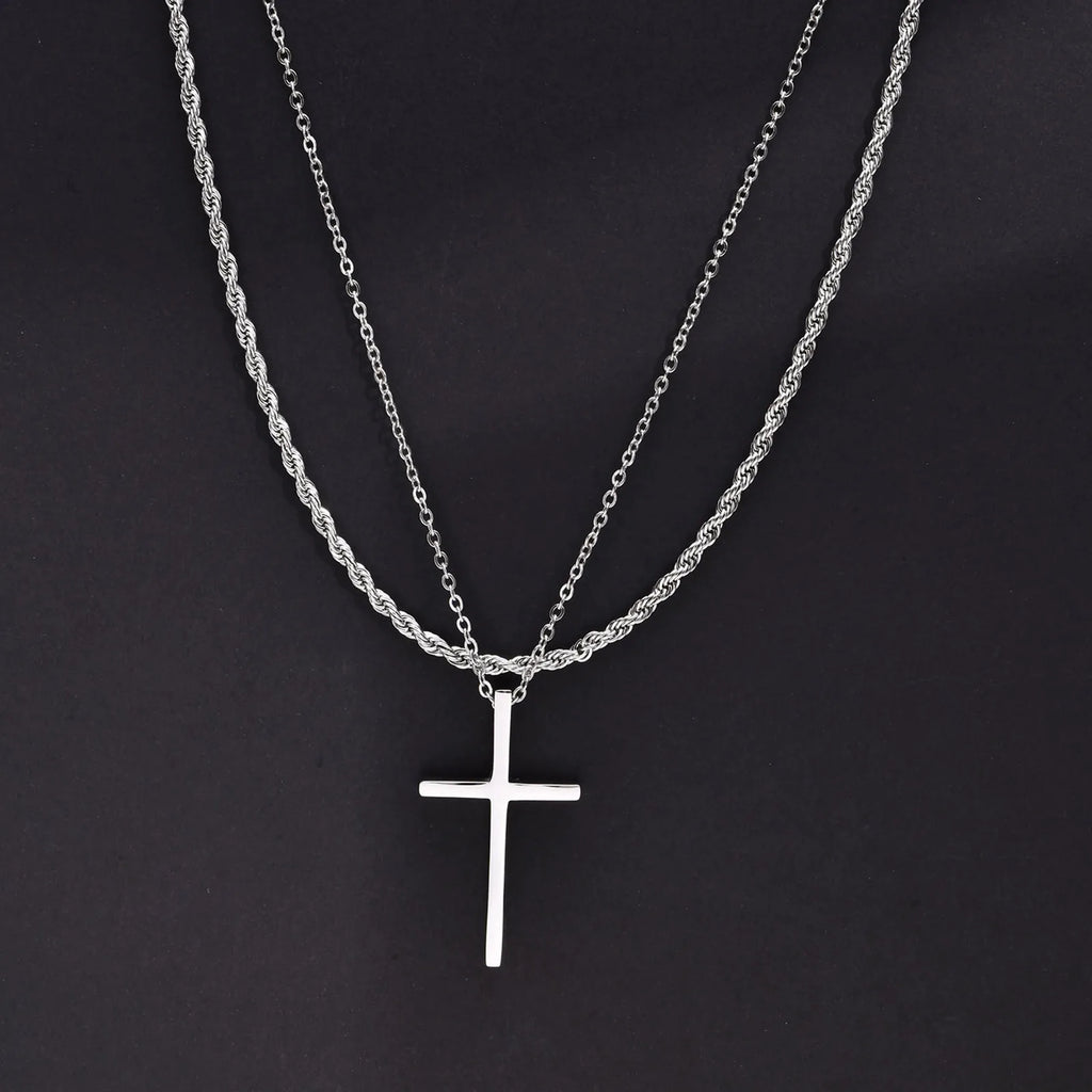 Layered Cross Pendant Set — Stainless Steel