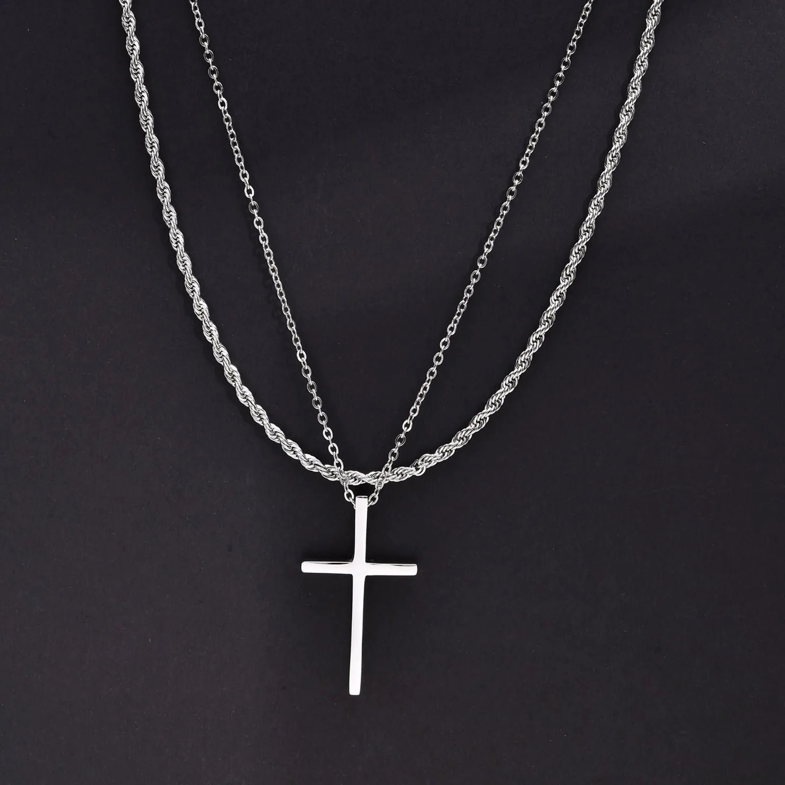 Layered Cross Pendant Set — Stainless Steel