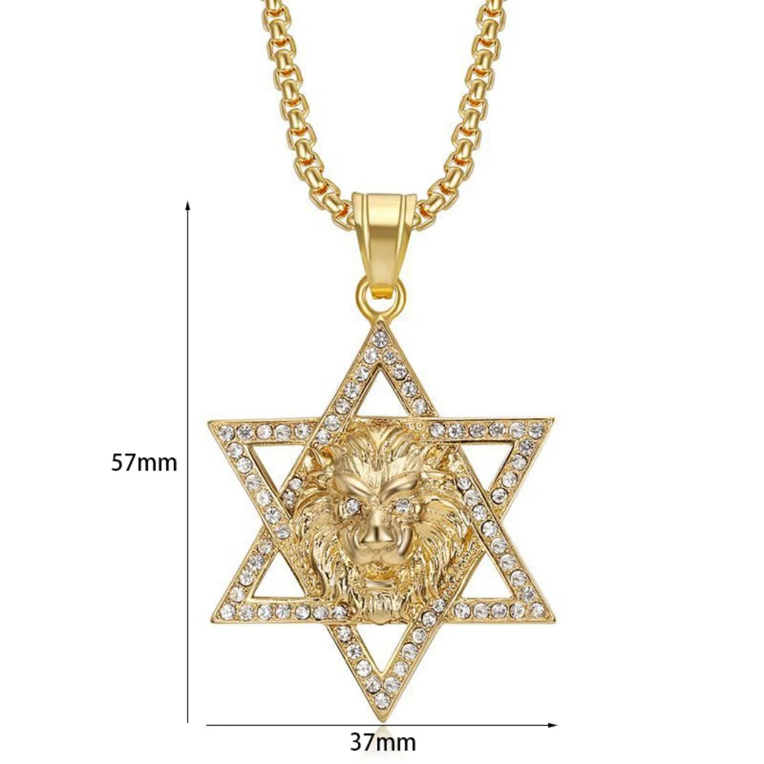Religious Hexagram Star of David Lion's Head Zirconia Pendant Gold Color Stainless Steel Necklace for Woman Man Jewish Jewelry