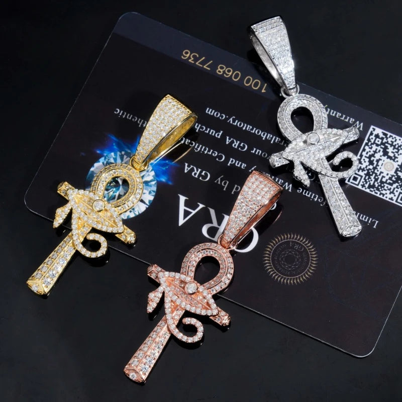 S925 Silver Iced Moissanite Evil Eye Ankh Cross Pendant 925 Sterling Silver Hiphop Pendant 14K Gold Finish For Women Men