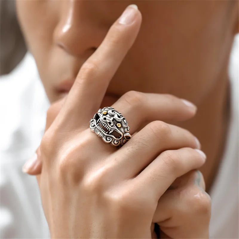 Retro Golden Eye Tang Lion Ring For Men Punk Gothic Open Ring Designer Jewelry Unisex Accessories Cultural Bless Gift