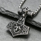 Stainless Steel Vintage Viking Thor's Hammer Wolf Pendant Necklace Norse Punk Amulet Jewelry Men Gift