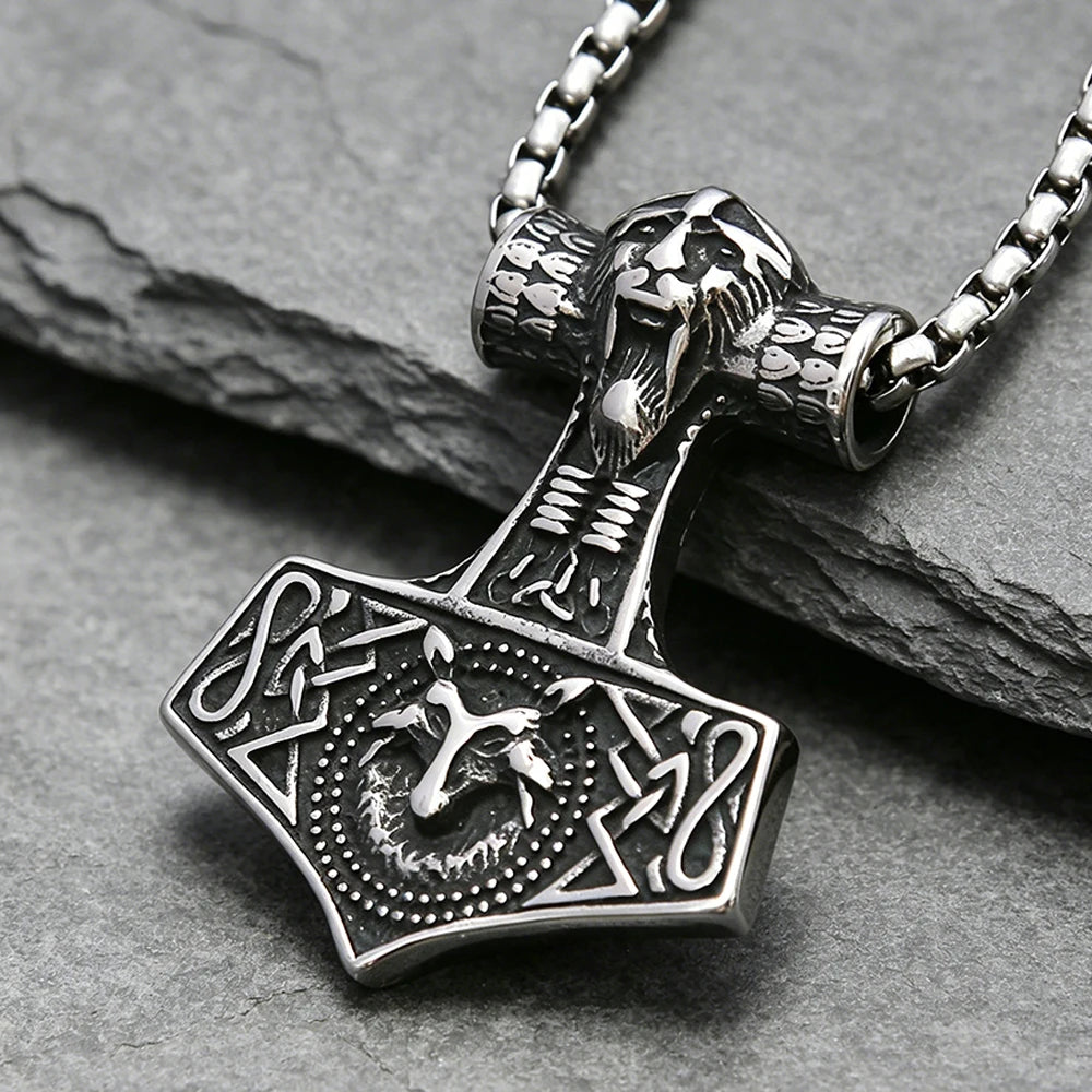 Stainless Steel Vintage Viking Thor's Hammer Wolf Pendant Necklace Norse Punk Amulet Jewelry Men Gift