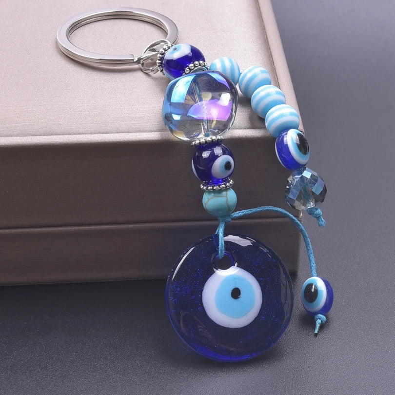 1Pc Vintage Fatima Hamsa Hand Pendant Women Key Chain Bule Glass Round Lucky Amulet Turkish Evil Eye Tassel Keyring Jewelry Bulk