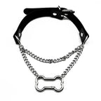 Gothic Bone Carabiner PU Leather Choker Double Silver Color Curb Chain Adjustable Rivet Neck Collar Punk Egirl Street
