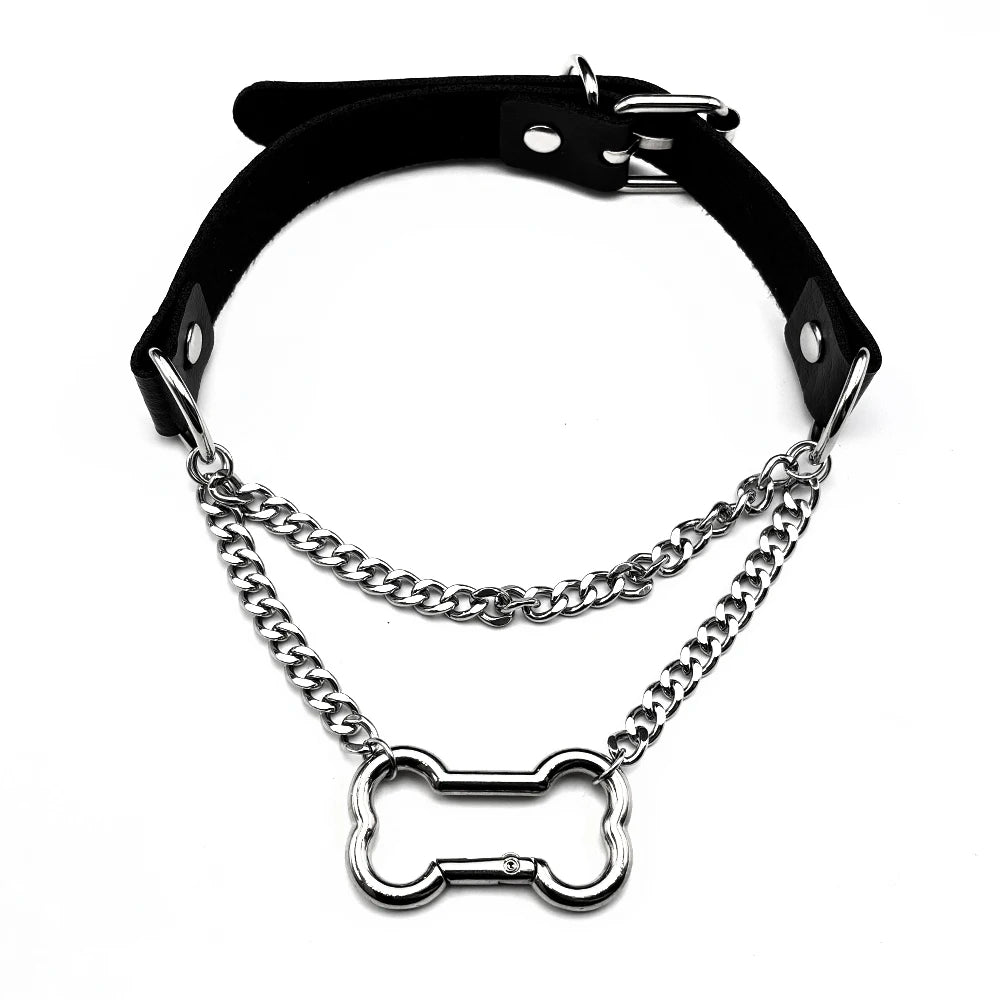 Gothic Bone Carabiner PU Leather Choker Double Silver Color Curb Chain Adjustable Rivet Neck Collar Punk Egirl Street