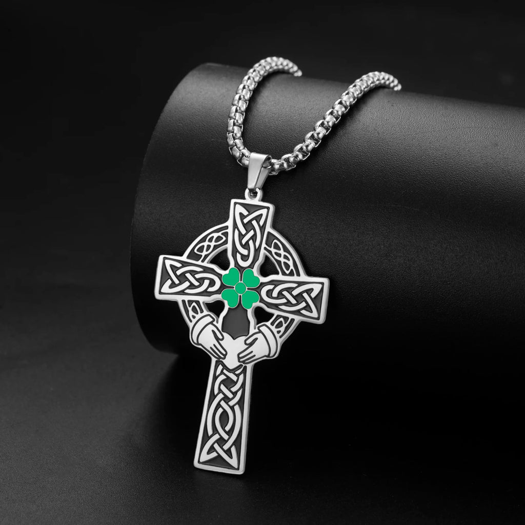 Celtic Cross Shamrock Claddagh Pendant Necklace — Stainless Steel