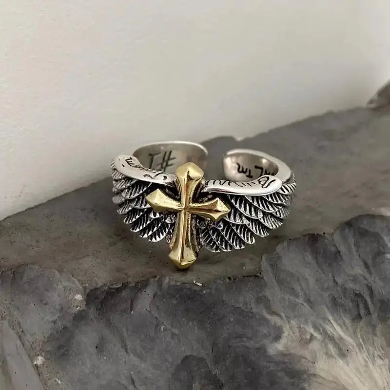 Cross Steel Ring Retro Angel Style