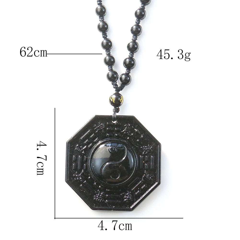 Obsidian Stone Taoism Necklace Black Pendant Chinese Tai Ji Ba Gua Octagon Long Sweater Chain Amulet Mascot Men Taoist