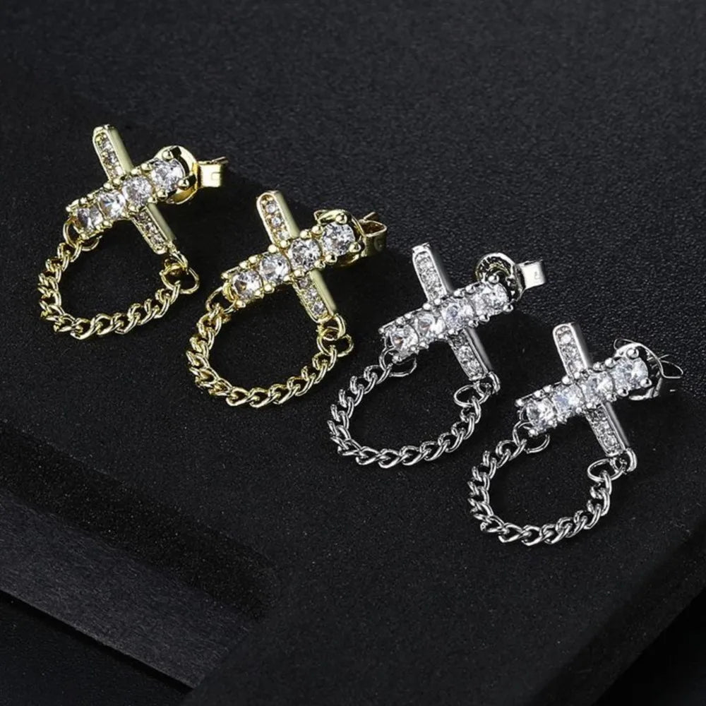 Iced Out Cross Stud Earrings — Silver